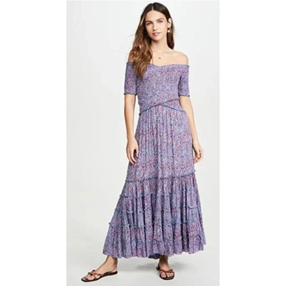 POUPETTE ST BARTH Soledad Off‎ Shoulder Blue Red Purple Patterned Midi Dress XS - Picture 8 of 8